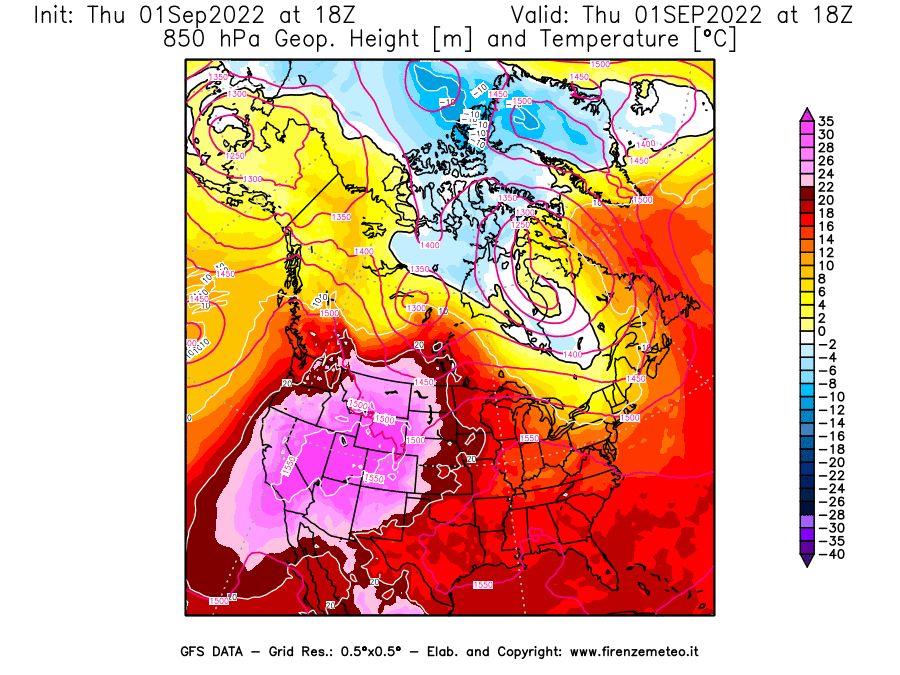 Mappa di analisi GFS - Geopotenziale [m] e Temperatura [°C] a 850 hPa in Nord-America
							del 01/09/2022 18 <!--googleoff: index-->UTC<!--googleon: index-->