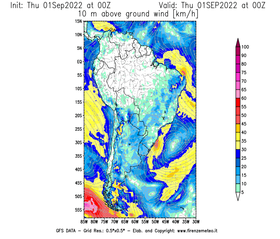 Mappa di analisi GFS - Velocità del vento a 10 metri dal suolo [km/h] in Sud-America
							del 01/09/2022 00 <!--googleoff: index-->UTC<!--googleon: index-->