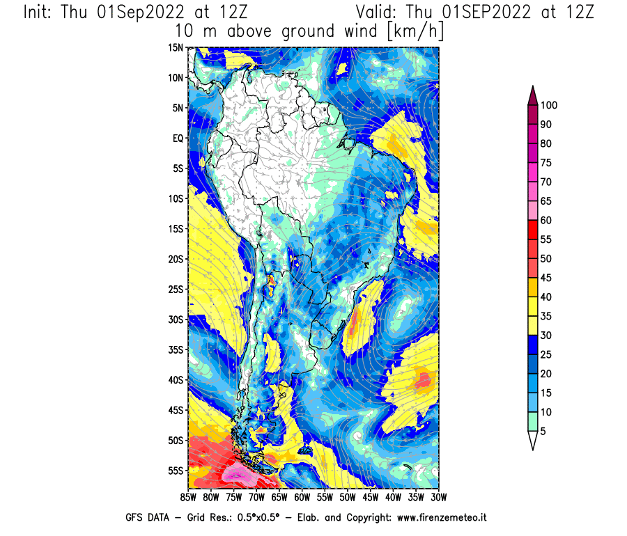 Mappa di analisi GFS - Velocità del vento a 10 metri dal suolo [km/h] in Sud-America
							del 01/09/2022 12 <!--googleoff: index-->UTC<!--googleon: index-->