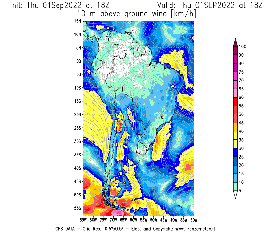 Mappa di analisi GFS - Velocità del vento a 10 metri dal suolo [km/h] in Sud-America
							del 01/09/2022 18 <!--googleoff: index-->UTC<!--googleon: index-->