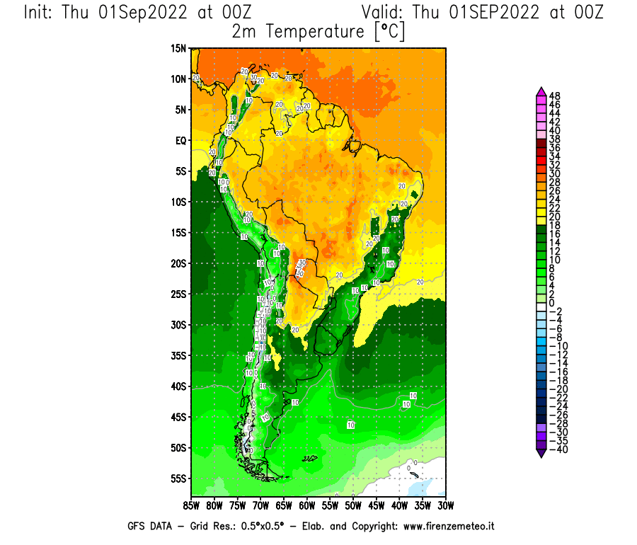 Mappa di analisi GFS - Temperatura a 2 metri dal suolo [°C] in Sud-America
							del 01/09/2022 00 <!--googleoff: index-->UTC<!--googleon: index-->