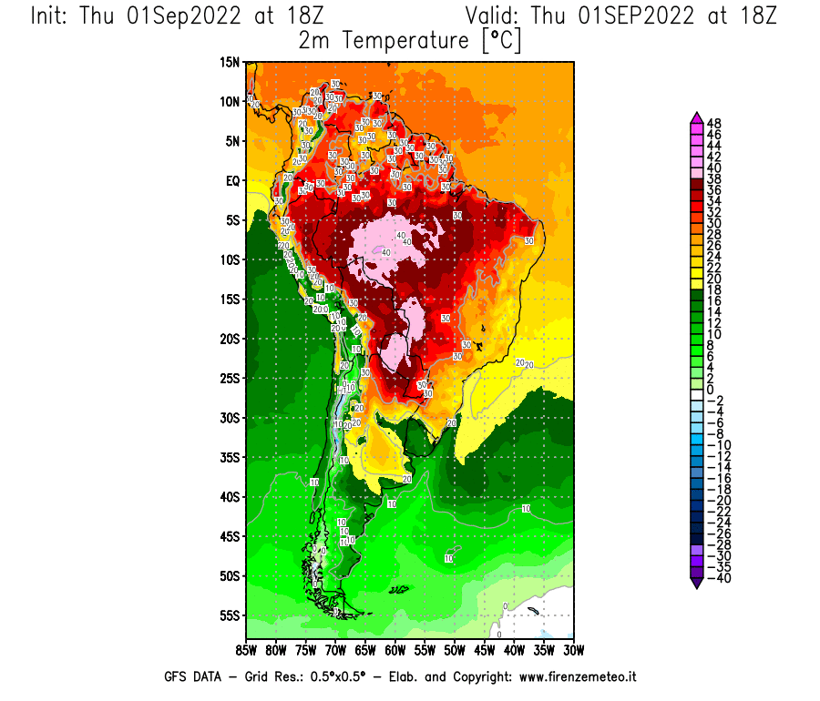 Mappa di analisi GFS - Temperatura a 2 metri dal suolo [°C] in Sud-America
							del 01/09/2022 18 <!--googleoff: index-->UTC<!--googleon: index-->