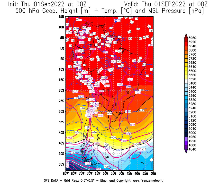 GFS analysi map - Geopotential [m] + Temp. [°C] at 500 hPa + Sea Level Pressure [hPa] in South America
									on 01/09/2022 00 <!--googleoff: index-->UTC<!--googleon: index-->