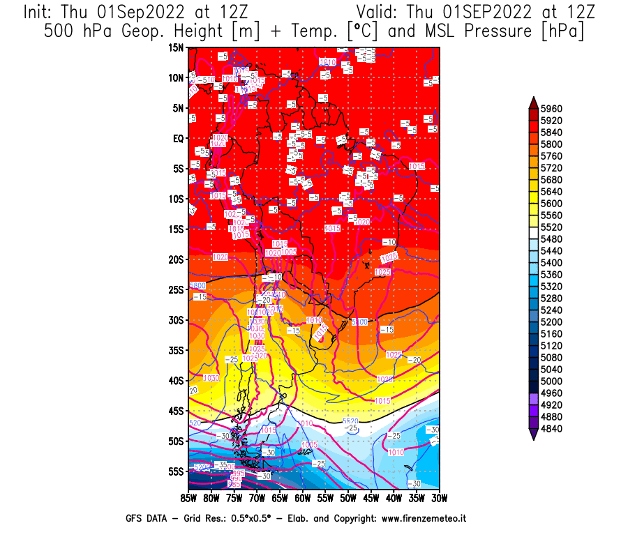 GFS analysi map - Geopotential [m] + Temp. [°C] at 500 hPa + Sea Level Pressure [hPa] in South America
									on 01/09/2022 12 <!--googleoff: index-->UTC<!--googleon: index-->