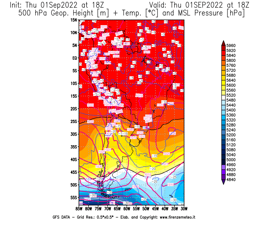 GFS analysi map - Geopotential [m] + Temp. [°C] at 500 hPa + Sea Level Pressure [hPa] in South America
									on 01/09/2022 18 <!--googleoff: index-->UTC<!--googleon: index-->