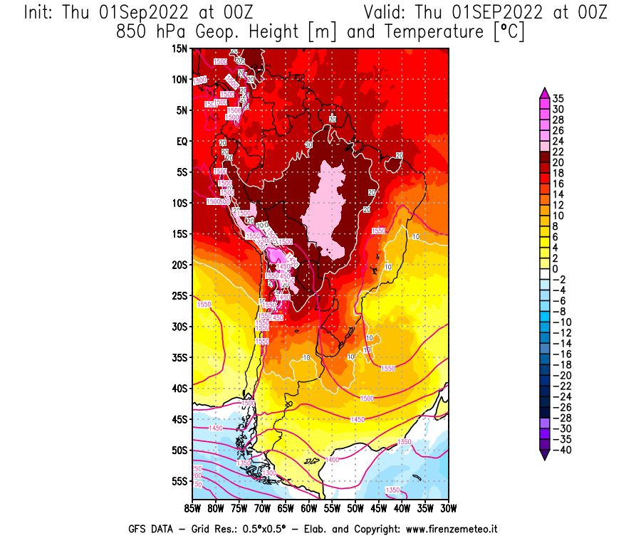 Mappa di analisi GFS - Geopotenziale [m] e Temperatura [°C] a 850 hPa in Sud-America
							del 01/09/2022 00 <!--googleoff: index-->UTC<!--googleon: index-->