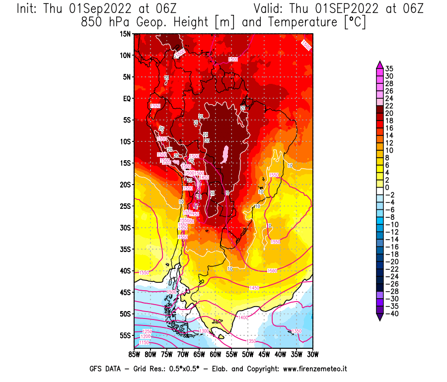 Mappa di analisi GFS - Geopotenziale [m] e Temperatura [°C] a 850 hPa in Sud-America
							del 01/09/2022 06 <!--googleoff: index-->UTC<!--googleon: index-->