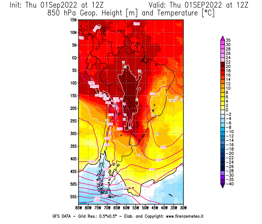 Mappa di analisi GFS - Geopotenziale [m] e Temperatura [°C] a 850 hPa in Sud-America
							del 01/09/2022 12 <!--googleoff: index-->UTC<!--googleon: index-->