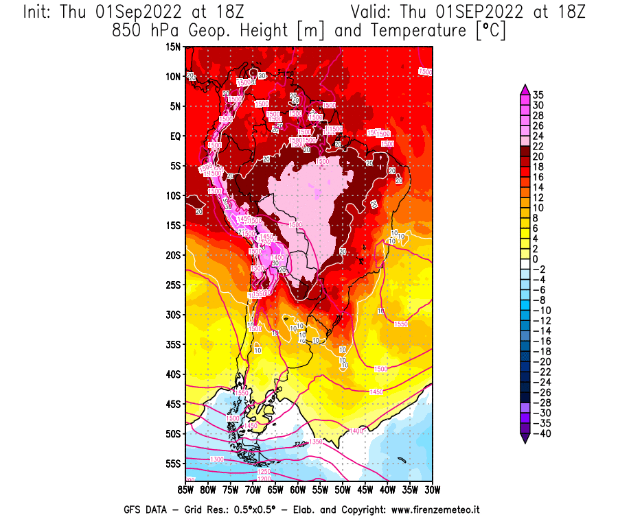 Mappa di analisi GFS - Geopotenziale [m] e Temperatura [°C] a 850 hPa in Sud-America
							del 01/09/2022 18 <!--googleoff: index-->UTC<!--googleon: index-->