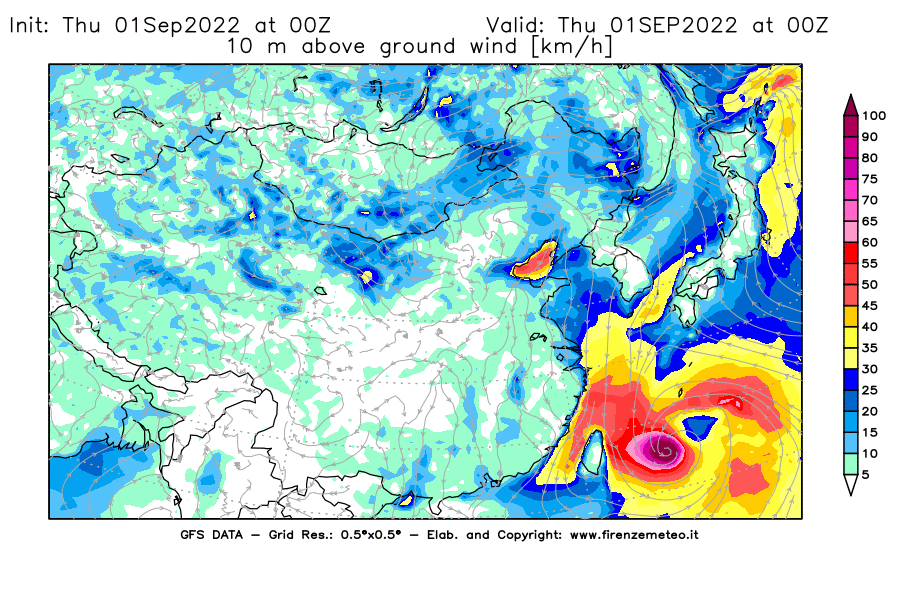 Mappa di analisi GFS - Velocità del vento a 10 metri dal suolo [km/h] in Asia Orientale
							del 01/09/2022 00 <!--googleoff: index-->UTC<!--googleon: index-->