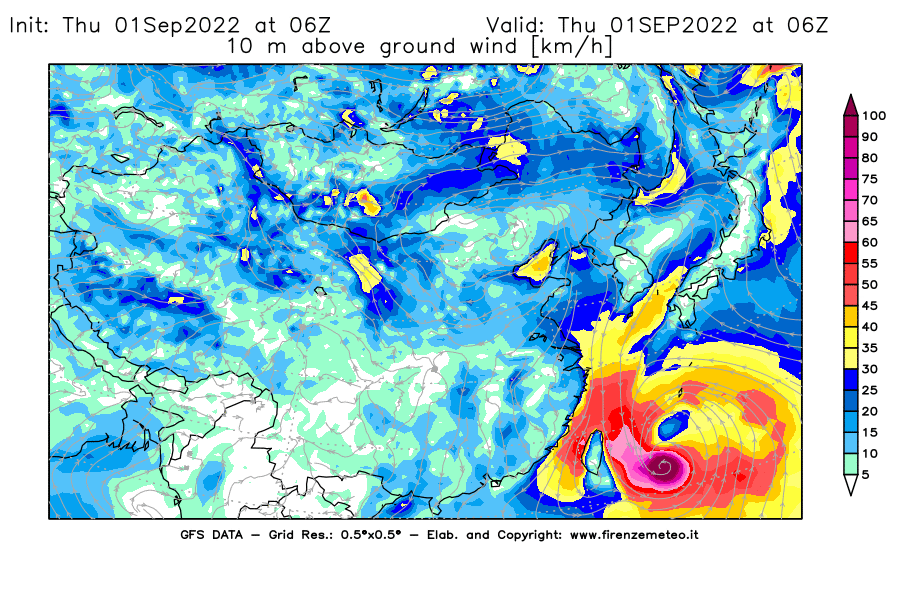 Mappa di analisi GFS - Velocità del vento a 10 metri dal suolo [km/h] in Asia Orientale
							del 01/09/2022 06 <!--googleoff: index-->UTC<!--googleon: index-->