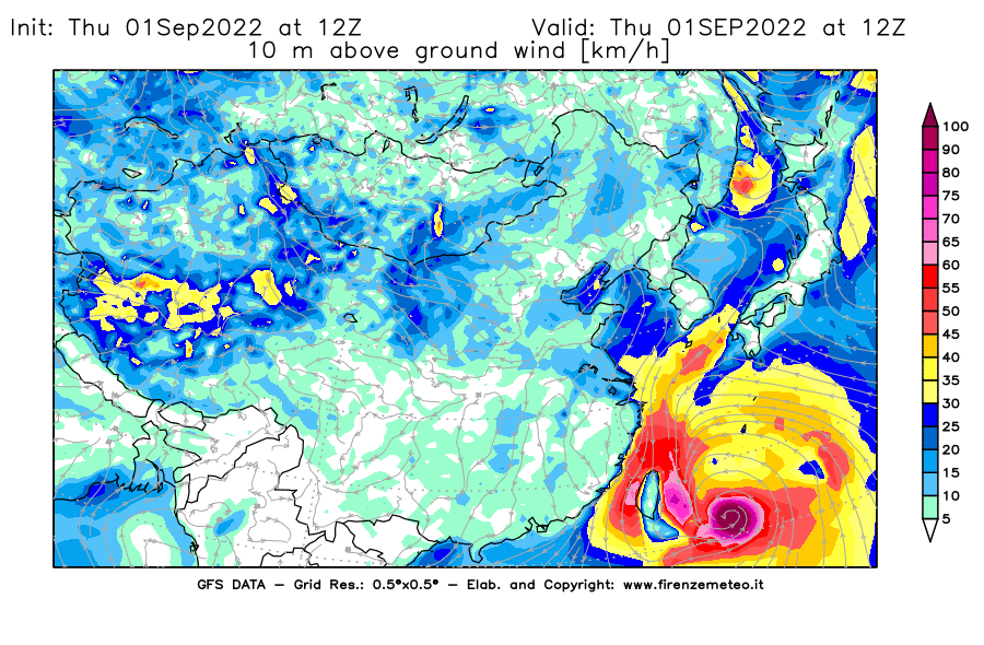 Mappa di analisi GFS - Velocità del vento a 10 metri dal suolo [km/h] in Asia Orientale
							del 01/09/2022 12 <!--googleoff: index-->UTC<!--googleon: index-->