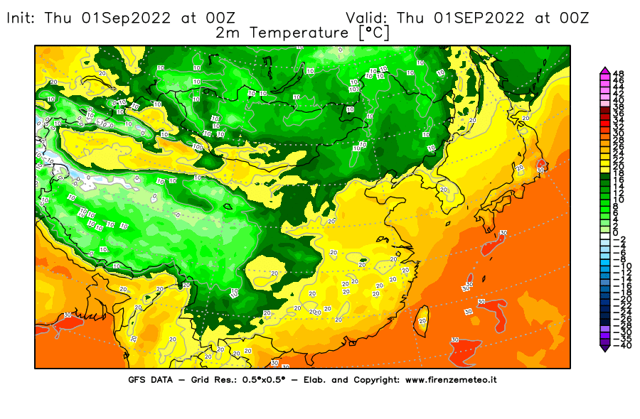 Mappa di analisi GFS - Temperatura a 2 metri dal suolo [°C] in Asia Orientale
							del 01/09/2022 00 <!--googleoff: index-->UTC<!--googleon: index-->