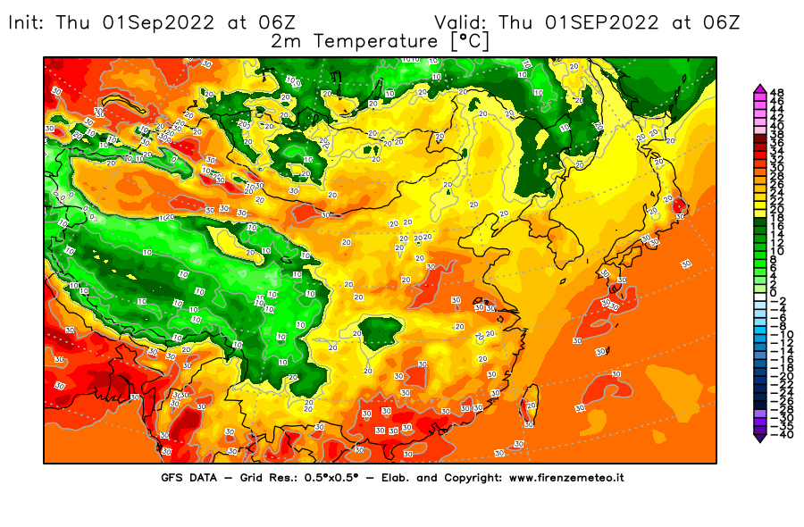 Mappa di analisi GFS - Temperatura a 2 metri dal suolo [°C] in Asia Orientale
							del 01/09/2022 06 <!--googleoff: index-->UTC<!--googleon: index-->