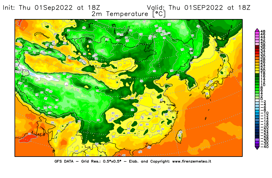 GFS analysi map - Temperature at 2 m above ground [°C] in East Asia
									on 01/09/2022 18 <!--googleoff: index-->UTC<!--googleon: index-->