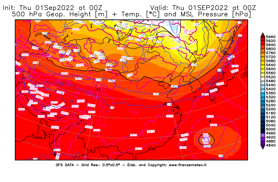GFS analysi map - Geopotential [m] + Temp. [°C] at 500 hPa + Sea Level Pressure [hPa] in East Asia
									on 01/09/2022 00 <!--googleoff: index-->UTC<!--googleon: index-->
