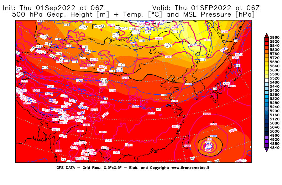 GFS analysi map - Geopotential [m] + Temp. [°C] at 500 hPa + Sea Level Pressure [hPa] in East Asia
									on 01/09/2022 06 <!--googleoff: index-->UTC<!--googleon: index-->