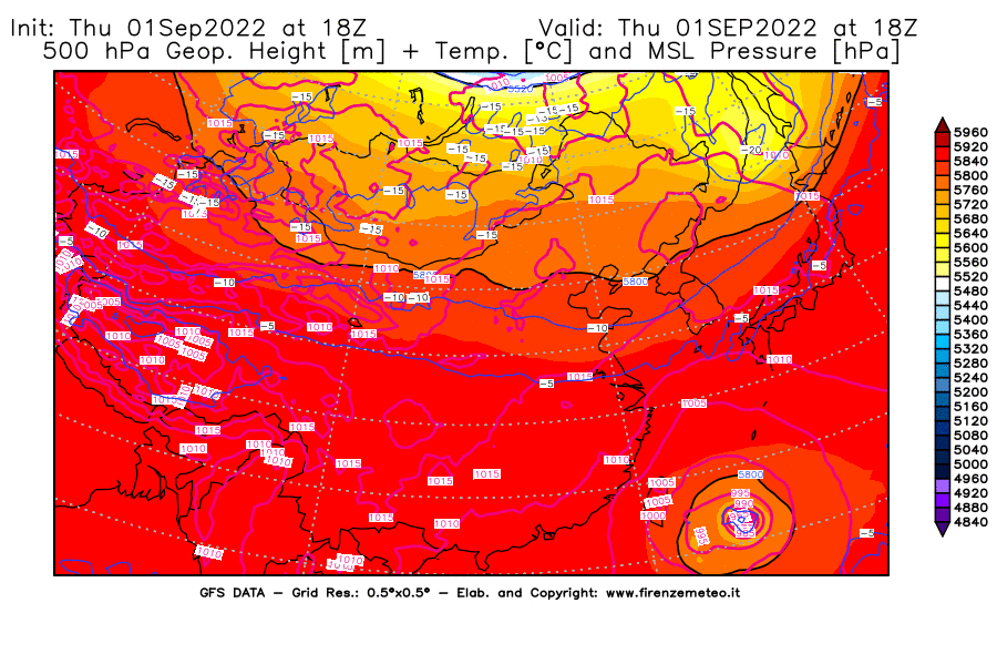 GFS analysi map - Geopotential [m] + Temp. [°C] at 500 hPa + Sea Level Pressure [hPa] in East Asia
									on 01/09/2022 18 <!--googleoff: index-->UTC<!--googleon: index-->