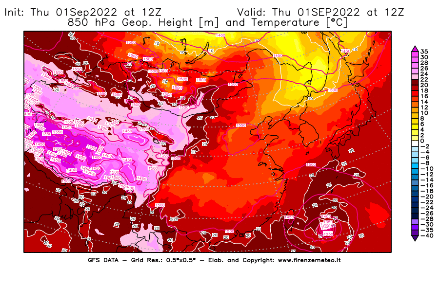 GFS analysi map - Geopotential [m] and Temperature [°C] at 850 hPa in East Asia
									on 01/09/2022 12 <!--googleoff: index-->UTC<!--googleon: index-->