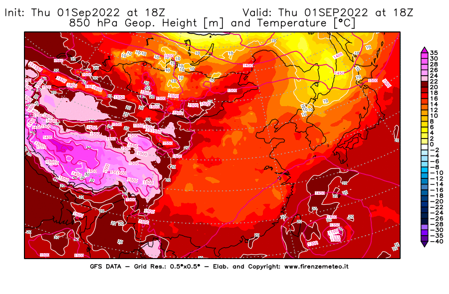 GFS analysi map - Geopotential [m] and Temperature [°C] at 850 hPa in East Asia
									on 01/09/2022 18 <!--googleoff: index-->UTC<!--googleon: index-->