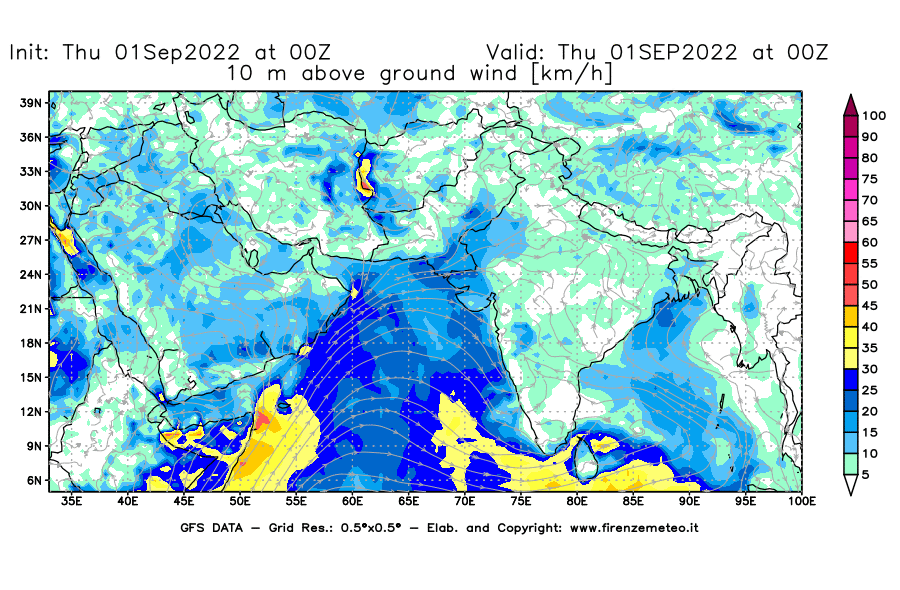 GFS analysi map - Wind Speed at 10 m above ground [km/h] in South West Asia 
									on 01/09/2022 00 <!--googleoff: index-->UTC<!--googleon: index-->