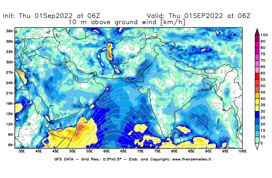 GFS analysi map - Wind Speed at 10 m above ground [km/h] in South West Asia 
									on 01/09/2022 06 <!--googleoff: index-->UTC<!--googleon: index-->