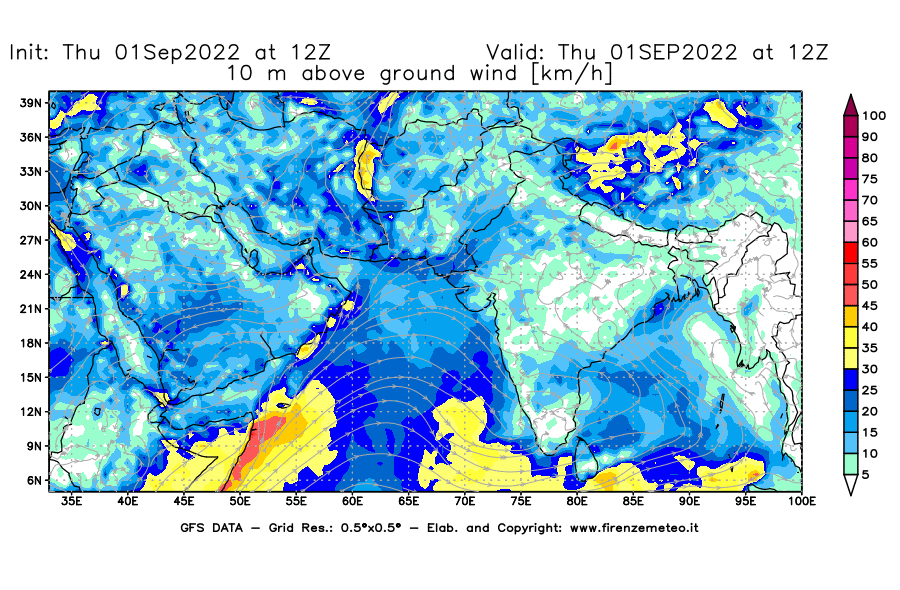 Mappa di analisi GFS - Velocità del vento a 10 metri dal suolo [km/h] in Asia Sud-Occidentale
							del 01/09/2022 12 <!--googleoff: index-->UTC<!--googleon: index-->