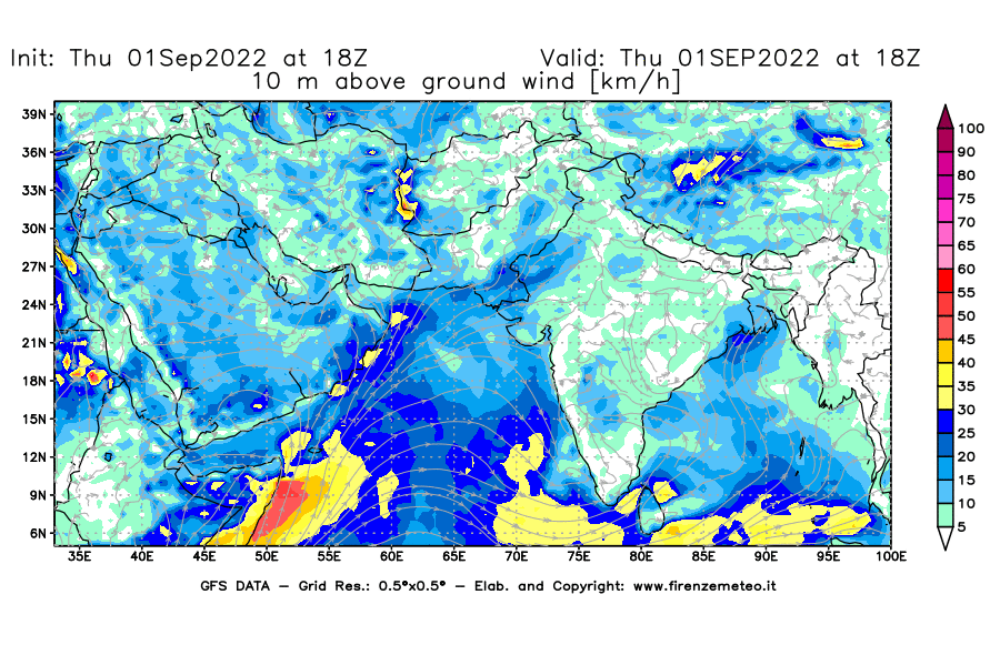 Mappa di analisi GFS - Velocità del vento a 10 metri dal suolo [km/h] in Asia Sud-Occidentale
							del 01/09/2022 18 <!--googleoff: index-->UTC<!--googleon: index-->