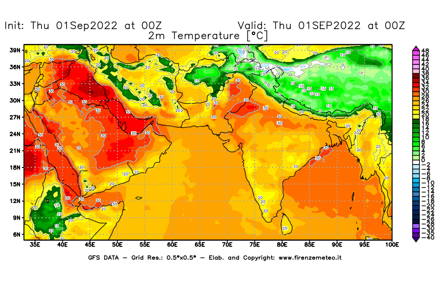 GFS analysi map - Temperature at 2 m above ground [°C] in South West Asia 
									on 01/09/2022 00 <!--googleoff: index-->UTC<!--googleon: index-->