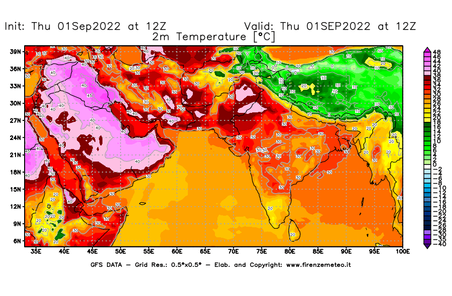 Mappa di analisi GFS - Temperatura a 2 metri dal suolo [°C] in Asia Sud-Occidentale
							del 01/09/2022 12 <!--googleoff: index-->UTC<!--googleon: index-->