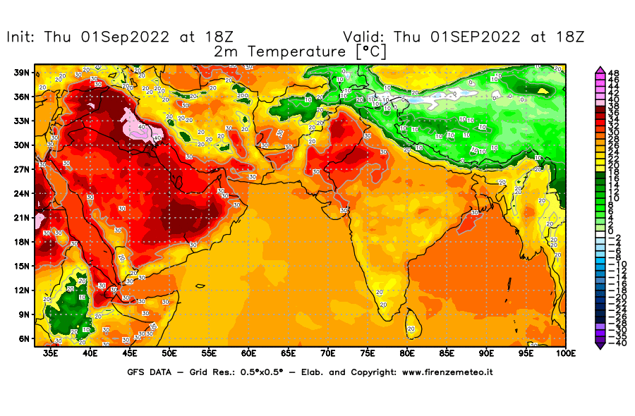 Mappa di analisi GFS - Temperatura a 2 metri dal suolo [°C] in Asia Sud-Occidentale
							del 01/09/2022 18 <!--googleoff: index-->UTC<!--googleon: index-->