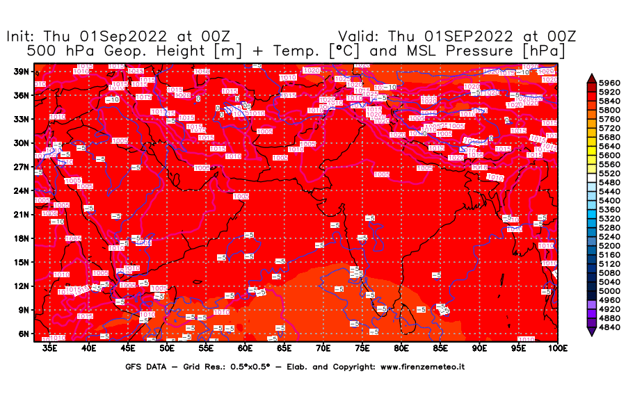 Mappa di analisi GFS - Geopotenziale [m] + Temp. [°C] a 500 hPa + Press. a livello del mare [hPa] in Asia Sud-Occidentale
							del 01/09/2022 00 <!--googleoff: index-->UTC<!--googleon: index-->