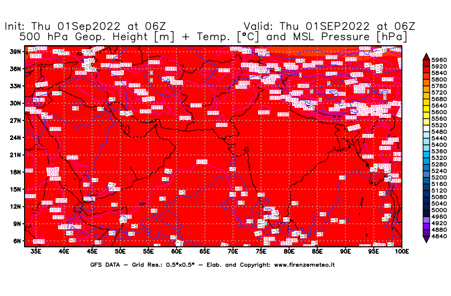 Mappa di analisi GFS - Geopotenziale [m] + Temp. [°C] a 500 hPa + Press. a livello del mare [hPa] in Asia Sud-Occidentale
							del 01/09/2022 06 <!--googleoff: index-->UTC<!--googleon: index-->