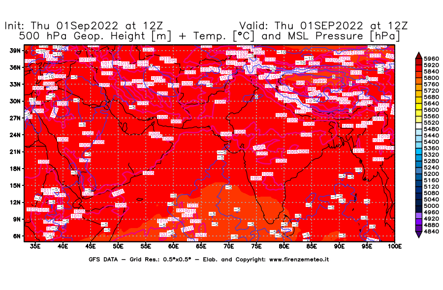 GFS analysi map - Geopotential [m] + Temp. [°C] at 500 hPa + Sea Level Pressure [hPa] in South West Asia 
									on 01/09/2022 12 <!--googleoff: index-->UTC<!--googleon: index-->