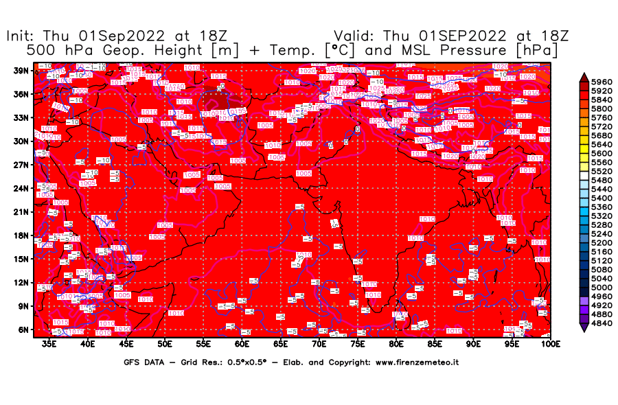Mappa di analisi GFS - Geopotenziale [m] + Temp. [°C] a 500 hPa + Press. a livello del mare [hPa] in Asia Sud-Occidentale
							del 01/09/2022 18 <!--googleoff: index-->UTC<!--googleon: index-->