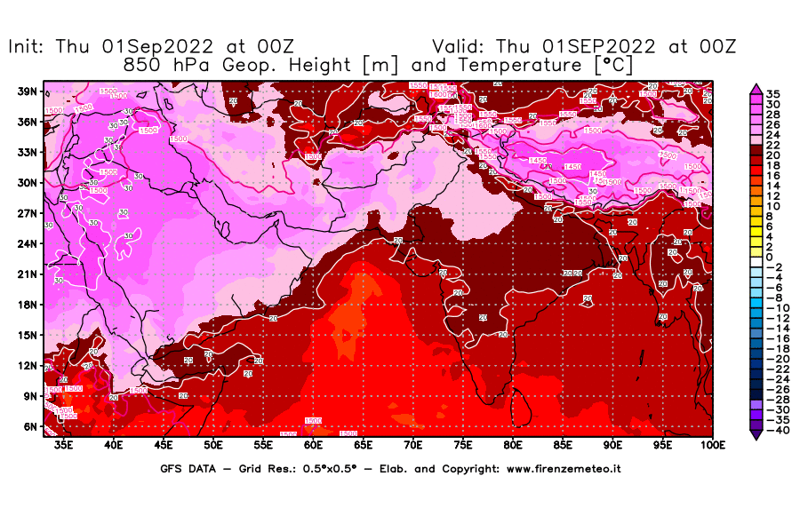 Mappa di analisi GFS - Geopotenziale [m] e Temperatura [°C] a 850 hPa in Asia Sud-Occidentale
							del 01/09/2022 00 <!--googleoff: index-->UTC<!--googleon: index-->