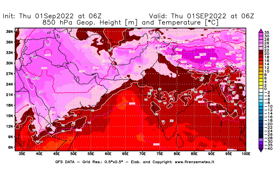 Mappa di analisi GFS - Geopotenziale [m] e Temperatura [°C] a 850 hPa in Asia Sud-Occidentale
							del 01/09/2022 06 <!--googleoff: index-->UTC<!--googleon: index-->