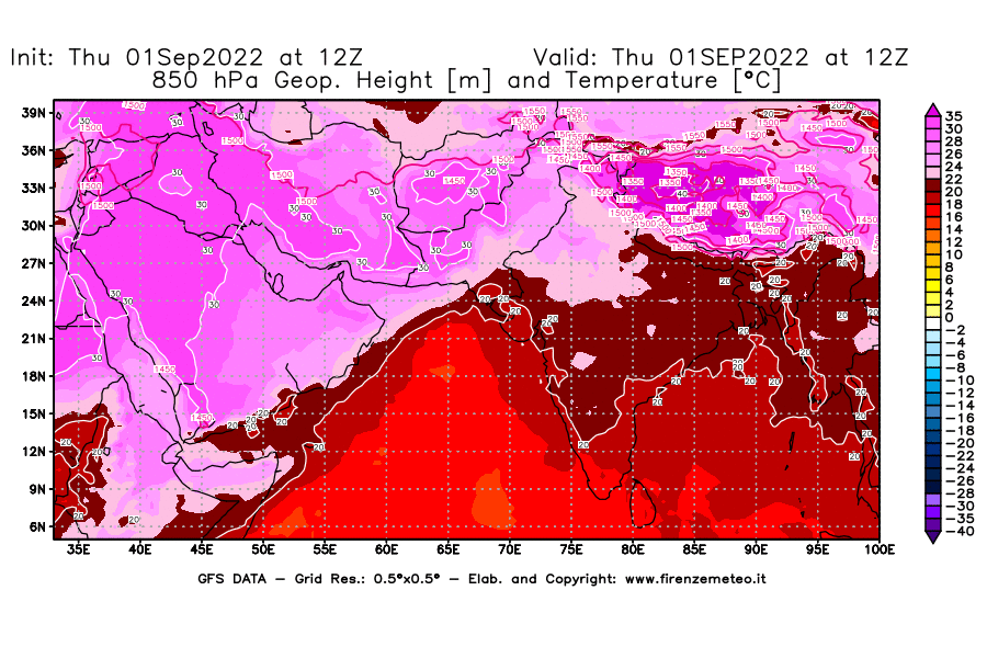 Mappa di analisi GFS - Geopotenziale [m] e Temperatura [°C] a 850 hPa in Asia Sud-Occidentale
							del 01/09/2022 12 <!--googleoff: index-->UTC<!--googleon: index-->