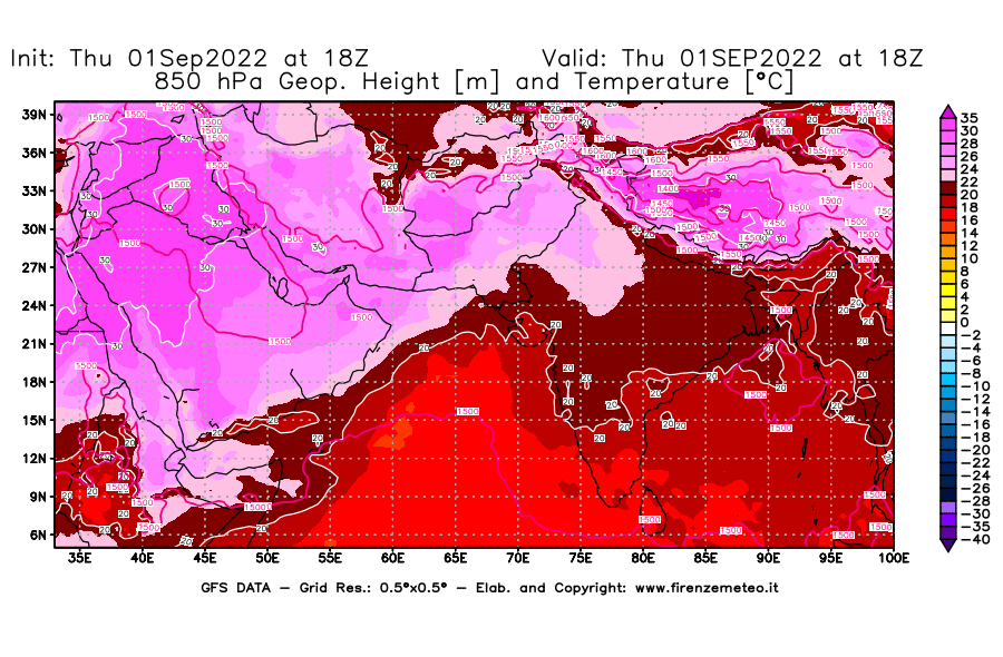 Mappa di analisi GFS - Geopotenziale [m] e Temperatura [°C] a 850 hPa in Asia Sud-Occidentale
							del 01/09/2022 18 <!--googleoff: index-->UTC<!--googleon: index-->