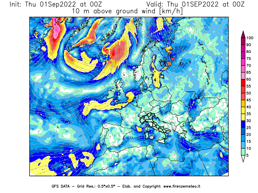 Mappa di analisi GFS - Velocità del vento a 10 metri dal suolo [km/h] in Europa
							del 01/09/2022 00 <!--googleoff: index-->UTC<!--googleon: index-->
