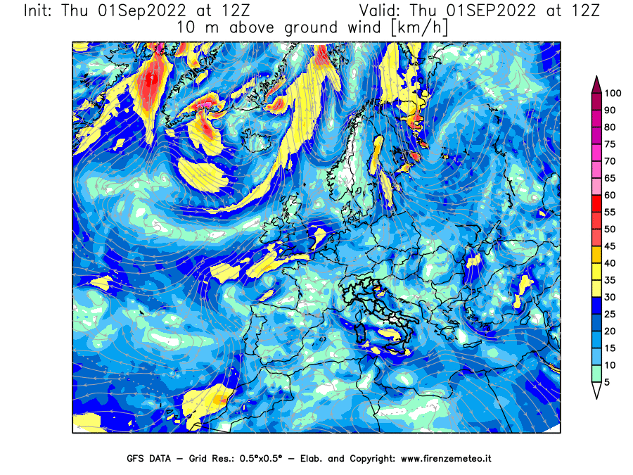 Mappa di analisi GFS - Velocità del vento a 10 metri dal suolo [km/h] in Europa
							del 01/09/2022 12 <!--googleoff: index-->UTC<!--googleon: index-->