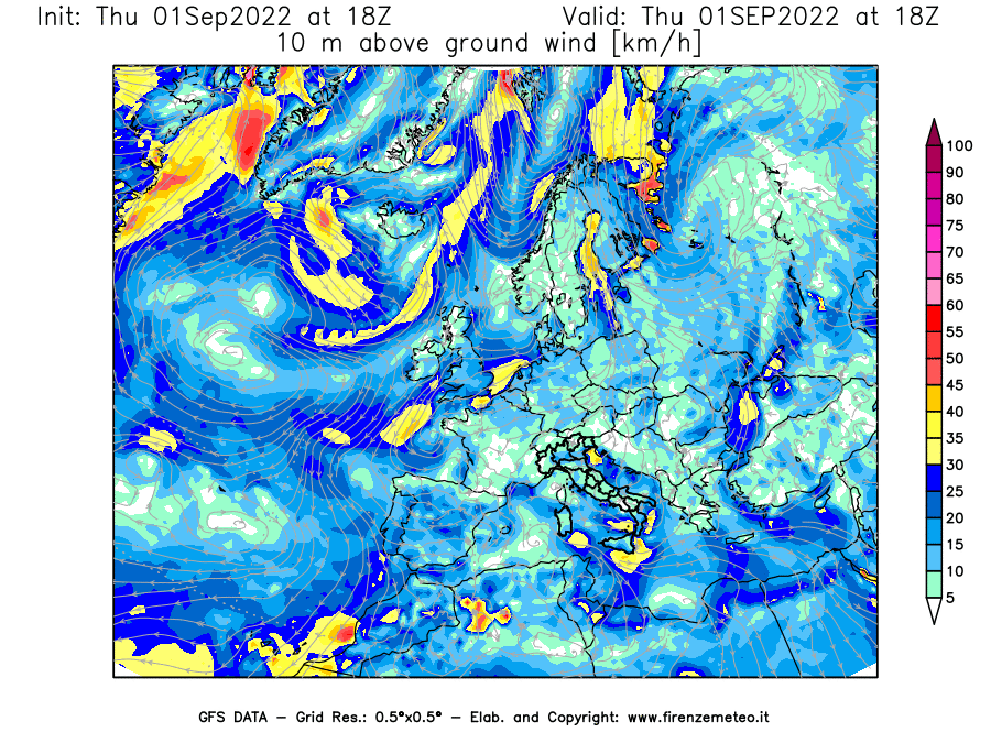 Mappa di analisi GFS - Velocità del vento a 10 metri dal suolo [km/h] in Europa
							del 01/09/2022 18 <!--googleoff: index-->UTC<!--googleon: index-->