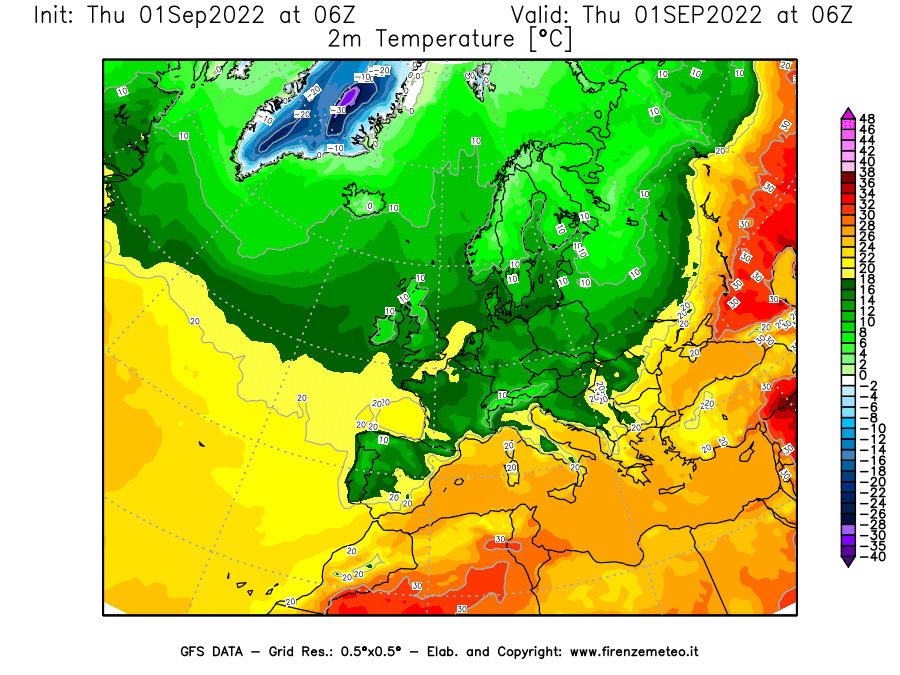 Mappa di analisi GFS - Temperatura a 2 metri dal suolo [°C] in Europa
							del 01/09/2022 06 <!--googleoff: index-->UTC<!--googleon: index-->
