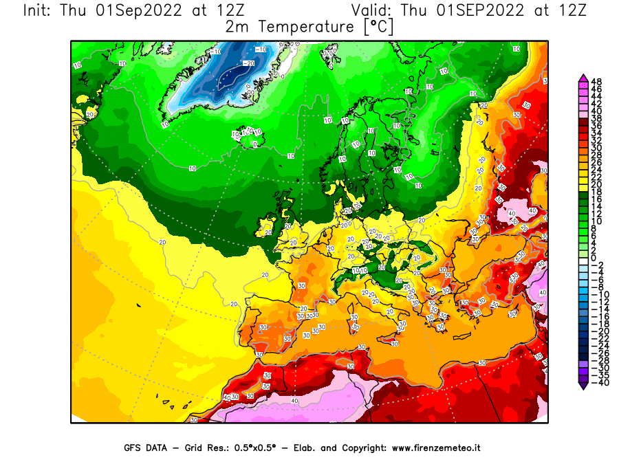 Mappa di analisi GFS - Temperatura a 2 metri dal suolo [°C] in Europa
							del 01/09/2022 12 <!--googleoff: index-->UTC<!--googleon: index-->