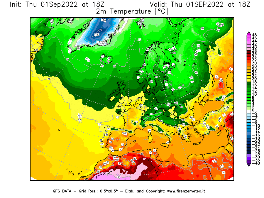 GFS analysi map - Temperature at 2 m above ground [°C] in Europe
									on 01/09/2022 18 <!--googleoff: index-->UTC<!--googleon: index-->