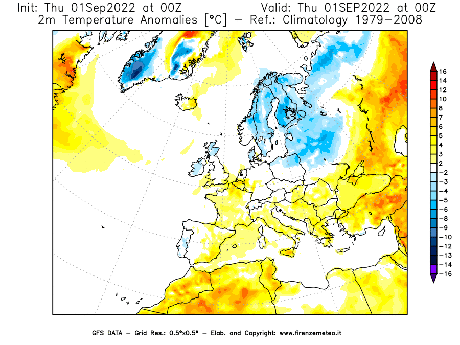 GFS analysi map - Temperature Anomalies [°C] at 2 m in Europe
									on 01/09/2022 00 <!--googleoff: index-->UTC<!--googleon: index-->