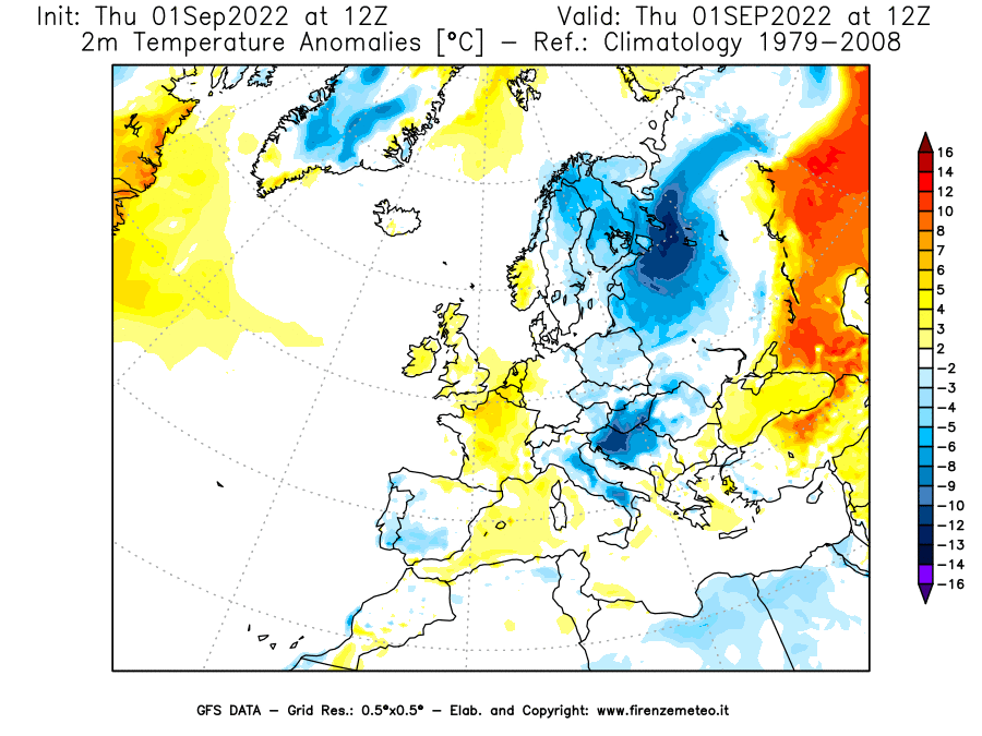 GFS analysi map - Temperature Anomalies [°C] at 2 m in Europe
									on 01/09/2022 12 <!--googleoff: index-->UTC<!--googleon: index-->