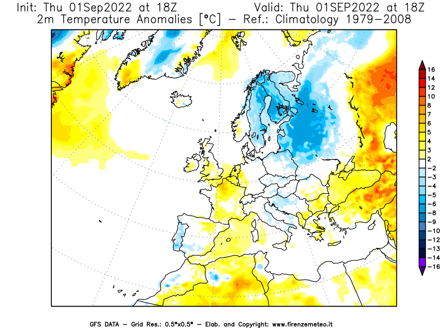 GFS analysi map - Temperature Anomalies [°C] at 2 m in Europe
									on 01/09/2022 18 <!--googleoff: index-->UTC<!--googleon: index-->