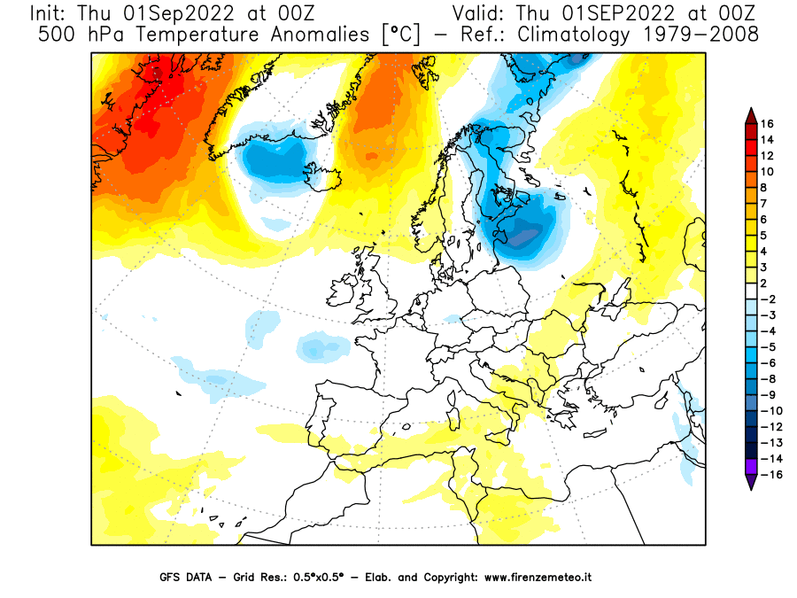 Mappa di analisi GFS - Anomalia Temperatura [°C] a 500 hPa in Europa
							del 01/09/2022 00 <!--googleoff: index-->UTC<!--googleon: index-->