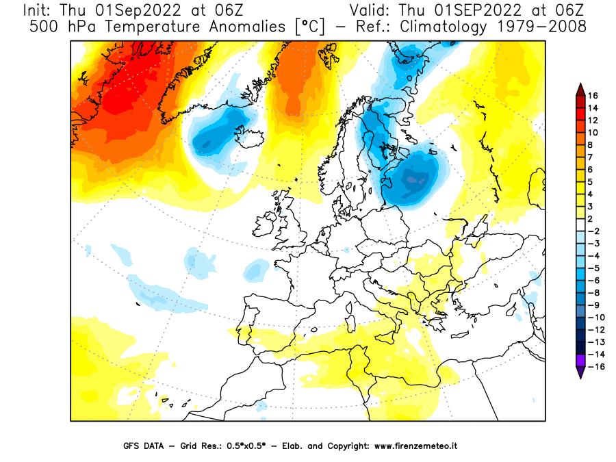 Mappa di analisi GFS - Anomalia Temperatura [°C] a 500 hPa in Europa
							del 01/09/2022 06 <!--googleoff: index-->UTC<!--googleon: index-->